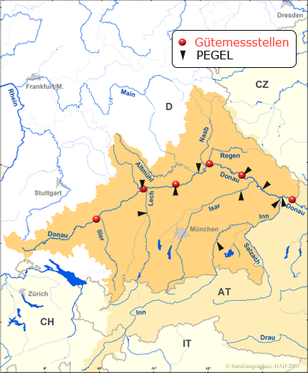 Auswahl der Pegel und Messstellen im Donaugebiet Donauauswahl